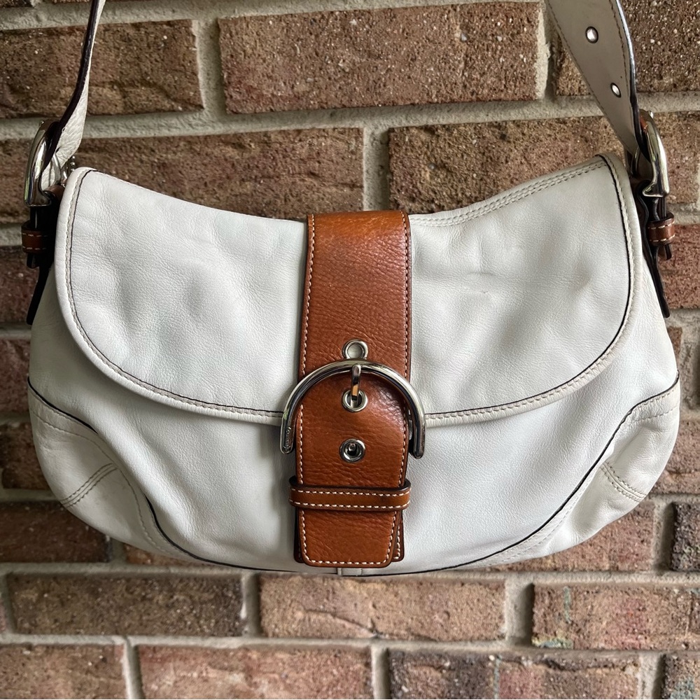 White and Tan Coach Soho Handbag